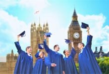 Group of students celebrating their university graduation in London, UK
