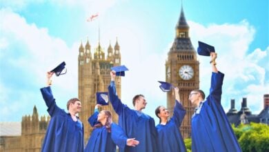 Group of students celebrating their university graduation in London, UK