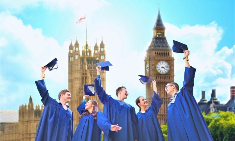 Group of students celebrating their university graduation in London, UK