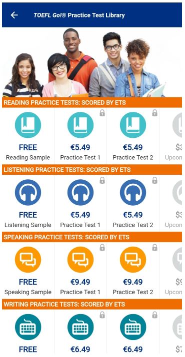 TOEFL Go! App Screen Practice Test Library Shows the screen of Practice test librery of TOEFEL GO APP