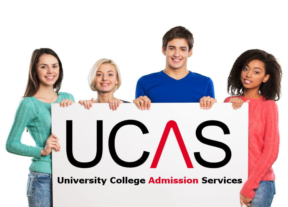 A group of international students shows a sign that links to the UK Universities and Colleges Admissions Service, UCAS, which can be very useful if you want to study abroad in the UK