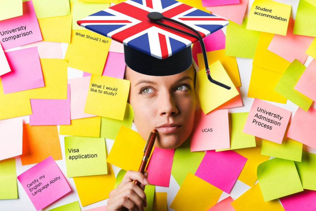 The image is a reminder of steps to consider if you want to study in the UK.  Compare University rankings, check university admission process, learn about aplication via UCAS, visa application, English language certification, student accommodation, etc.