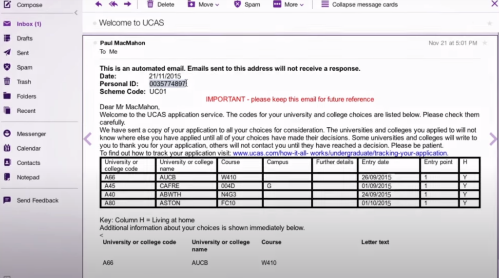 Example of the email that students receive after applying via UCAS