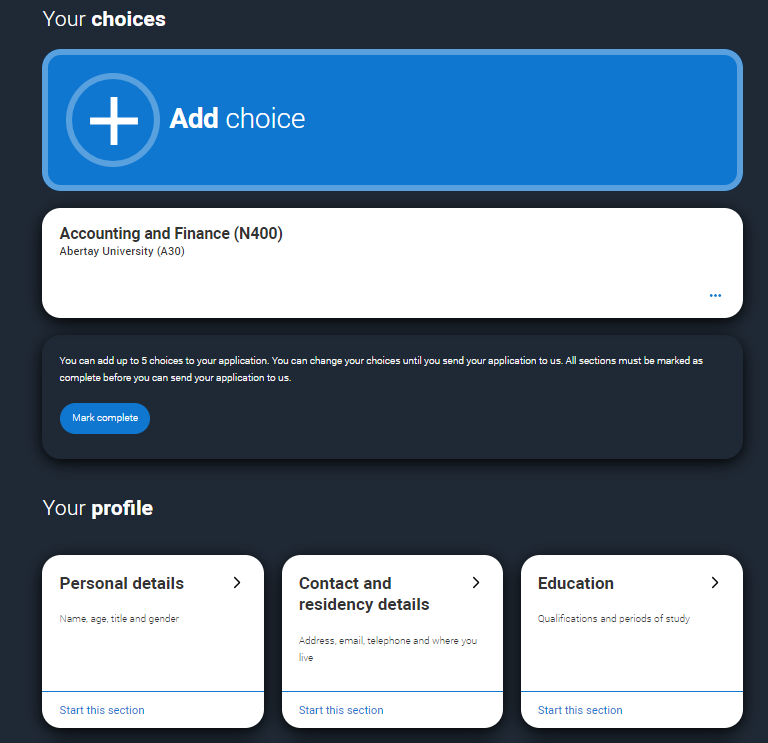 this photo of the UCAS guide, shows the HUb App boton to add more choices of universities to apply to