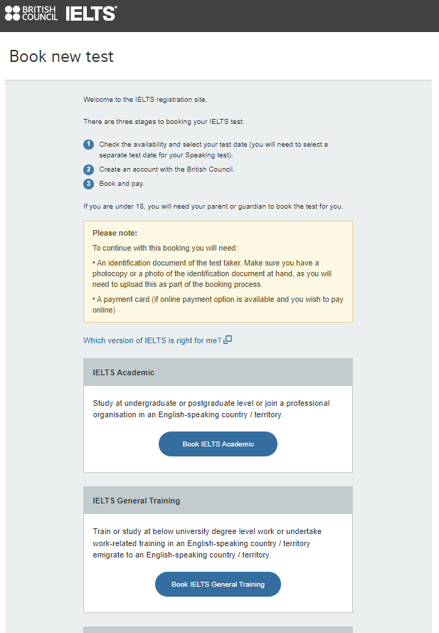 Show the screen for booking a new IELTS test at At British Council page