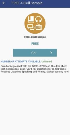 Shows the secreen of one of the most popular features of TOEFL GO official app